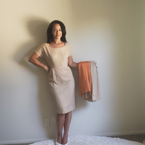 Junior Dress Shop Dresses & Skirts - 1950s Vintage Nude Tan Dress Swing Coat Set Monochrome Cream Taupe